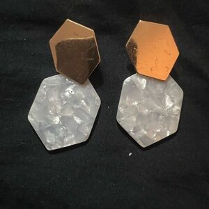 Gold and White Hexagon Earrings